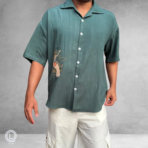 Oversized Green Cotton Shirt with embroidered songbird design