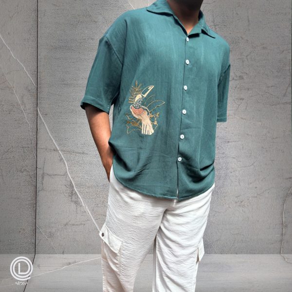 Oversized Green Cotton Shirt with embroidered songbird design