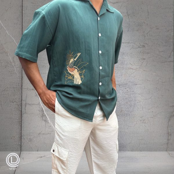 Oversized Green Cotton Shirt with embroidered songbird design