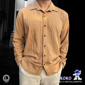 Cotton Slim Fit Long Sleeve Shirt (Mustard Brown): "Cotton slim fit long sleeve shirt in mustard brown, crafted from premium cotton