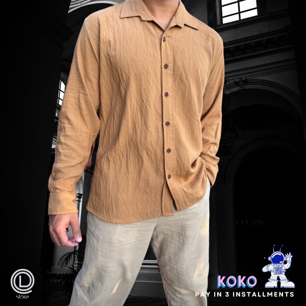 Cotton Slim Fit Long Sleeve Shirt (Mustard Brown): "Cotton slim fit long sleeve shirt in mustard brown, crafted from premium cotton