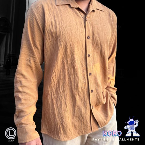 Cotton Slim Fit Long Sleeve Shirt (Mustard Brown): "Cotton slim fit long sleeve shirt in mustard brown, crafted from premium cotton