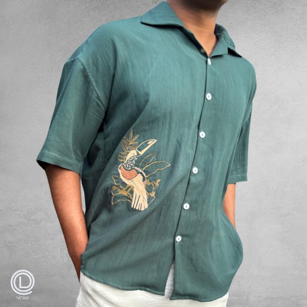 Oversized Green Cotton Shirt with embroidered songbird design