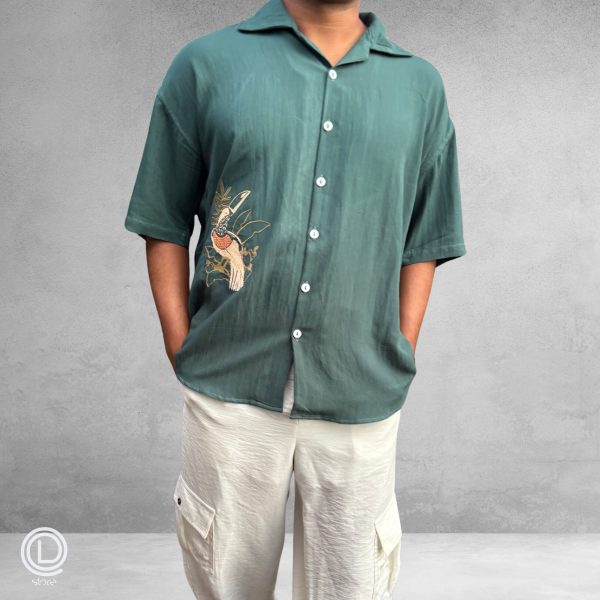 Oversized Green Cotton Shirt with embroidered songbird design