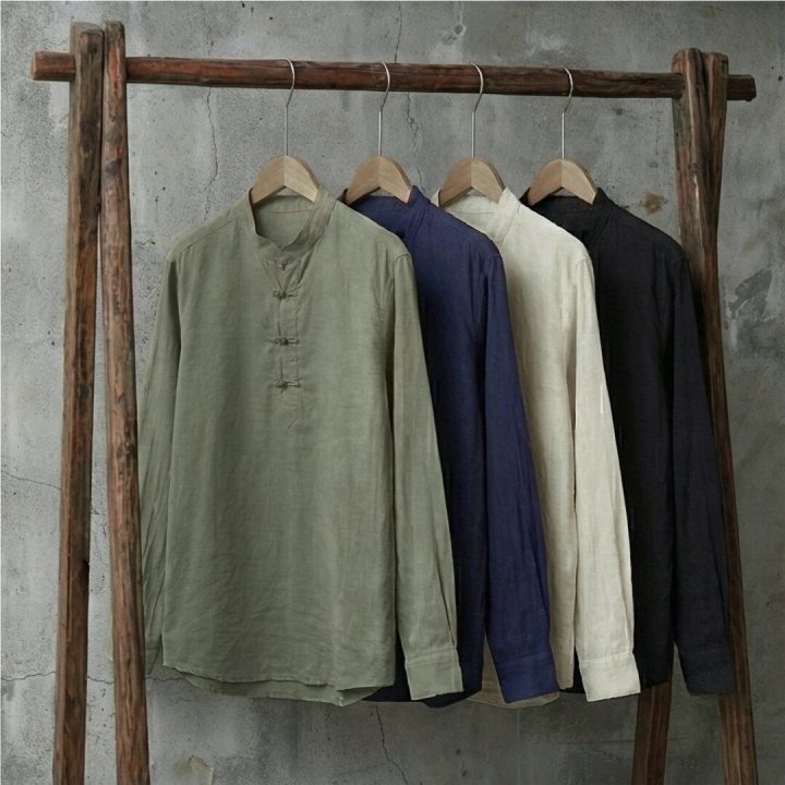 Introducing the Mandarin Loopline Shirt. A modern oversized silhouette defined by its distinct loop-button fastening and clean mandarin collar.