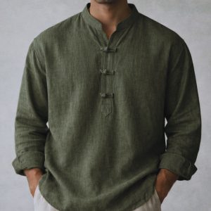 ntroducing the Mandarin Loopline Shirt. A modern oversized silhouette defined by its distinct loop-button fastening and clean mandarin collar.