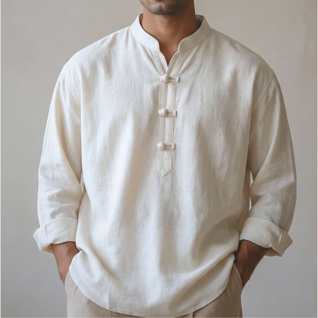 Lans Oversized Mandarin Loopline Men's Shirt2 ntroducing the Mandarin Loopline Shirt. A modern oversized silhouette defined by its distinct loop-button fastening and clean mandarin collar.