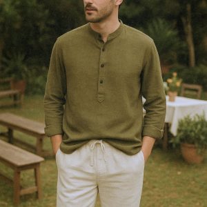 Lans Relaxed Mandarin Resort Shirt - Olive Green ( XS to 4XL )