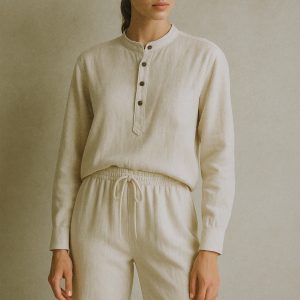Oversized Mandarin Collar Drape Linen Full Outfit- Woman ( XS TO 4XL )
