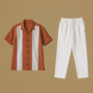South Asian male model wearing rust orange and off-white two-tone oversized shirt with off-white linen drawstring pants in a minimal outdoor setting