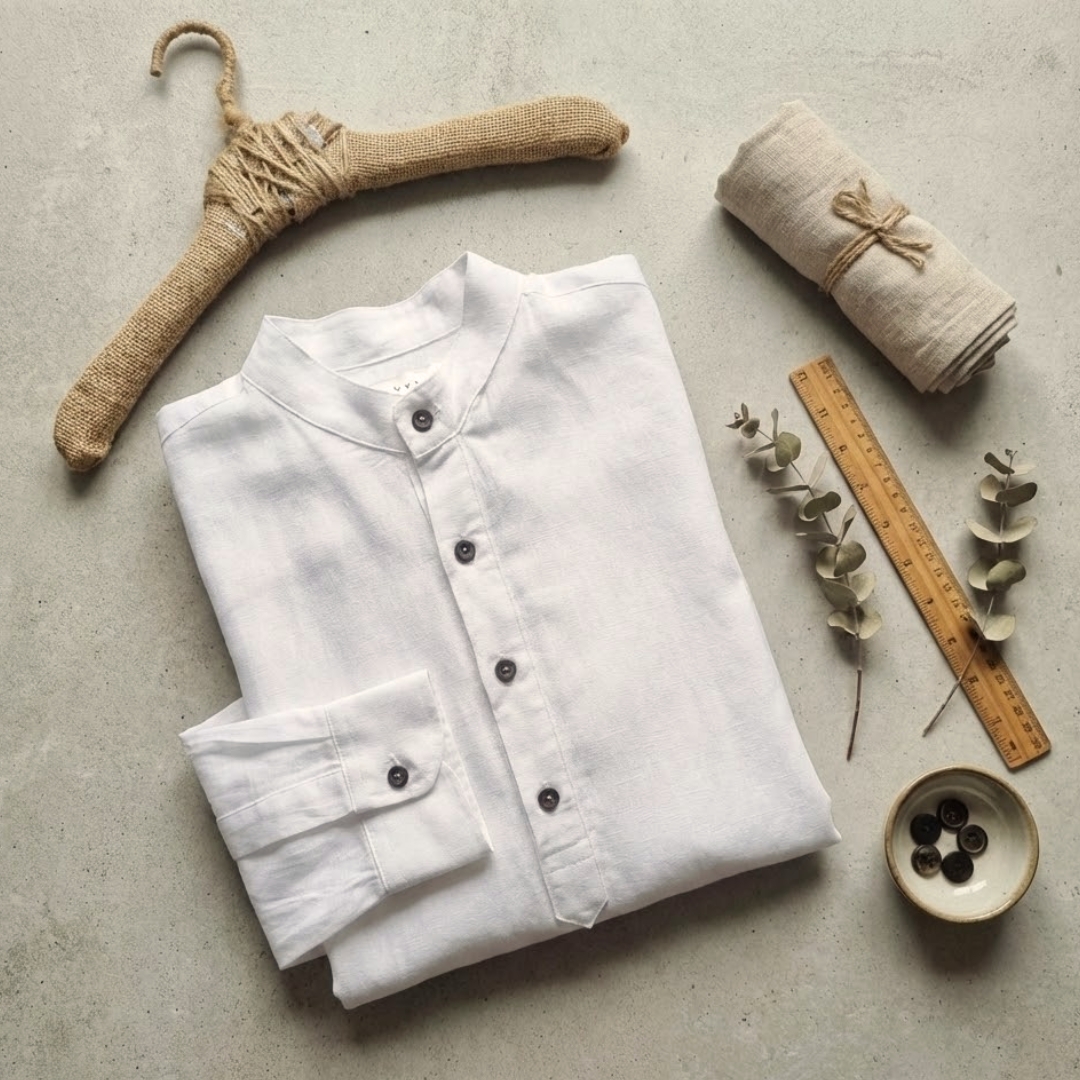 Close up of soft breathable cotton fabric texture in rich coffee brown Lans Oversized Nomad Resort Linen Kurtha front view longline shirt