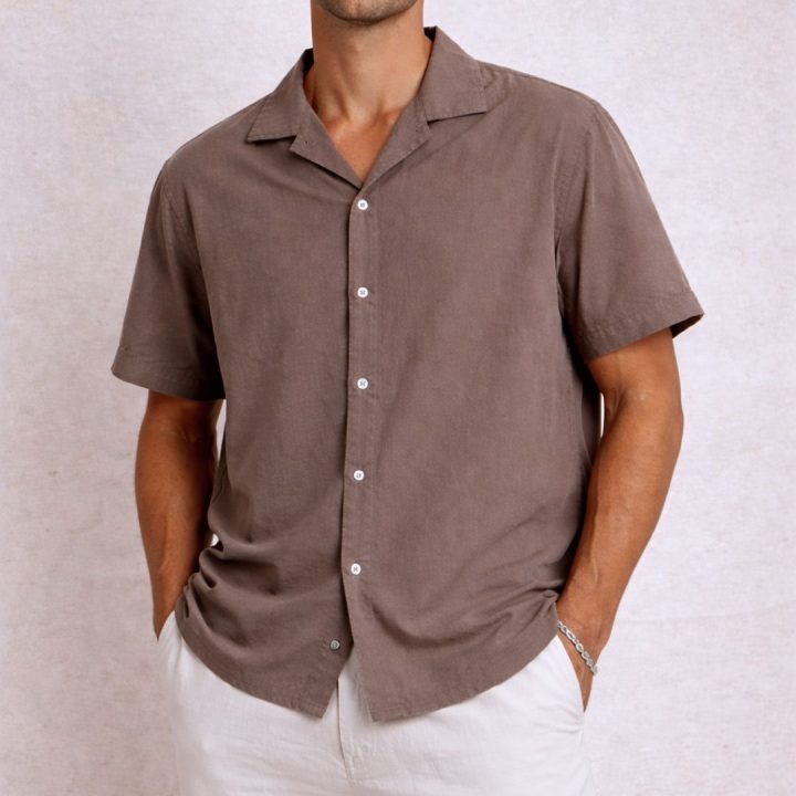 RELAXED COTTON MENS SHORT SLEEVE SHIRT BROWN