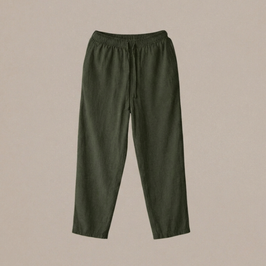 Close up of precision tailoring on olive green oversized trousers Close up of precision tailoring on olive green oversized trousers