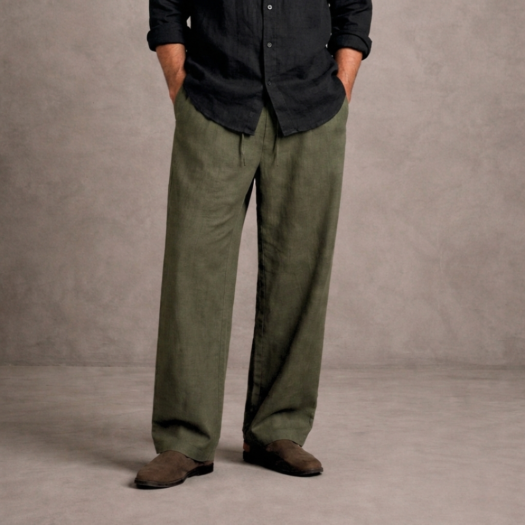 Close up of precision tailoring on olive green oversized trousers Lans Oversized Olive Green Long Pant front view handmade in Sri Lanka