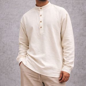 Lans  Oversized Mandarin collar Nomad Resort  Linen Kurtha - Off White (XS–4XL)