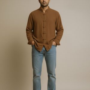 Lans Oversized Colonial Premium Loop down Mandarin Collar Shirt - Coffee Brown ( XS to 4XL )