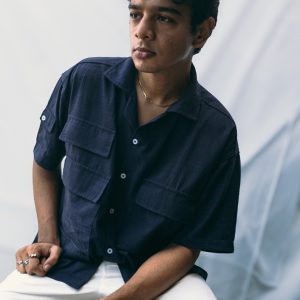 Lans  Oversized  Linen Cargo Luxe Cuban Collar Shirt – Navy Blue (XS–4XL)