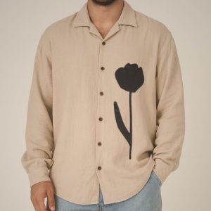 Lans Oversized Black Tulip  Handcrafted Applique Linen Shirt  (XS–4XL)