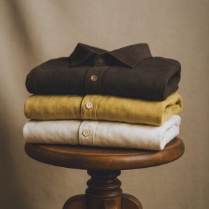 Stack of three linen shirts in black, harvest gold, and ivory placed on a wooden stool — part of Lans’ Relaxed Cuban Collar Linen Collection.