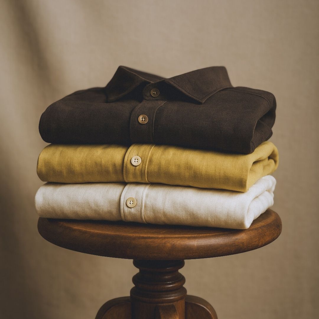 Relaxed Linen Shirt Collection – Black, Harvest Gold & Ivory | Lans Stack of three linen shirts in black, harvest gold, and ivory placed on a wooden stool — part of Lans’ Relaxed Cuban Collar Linen Collection.