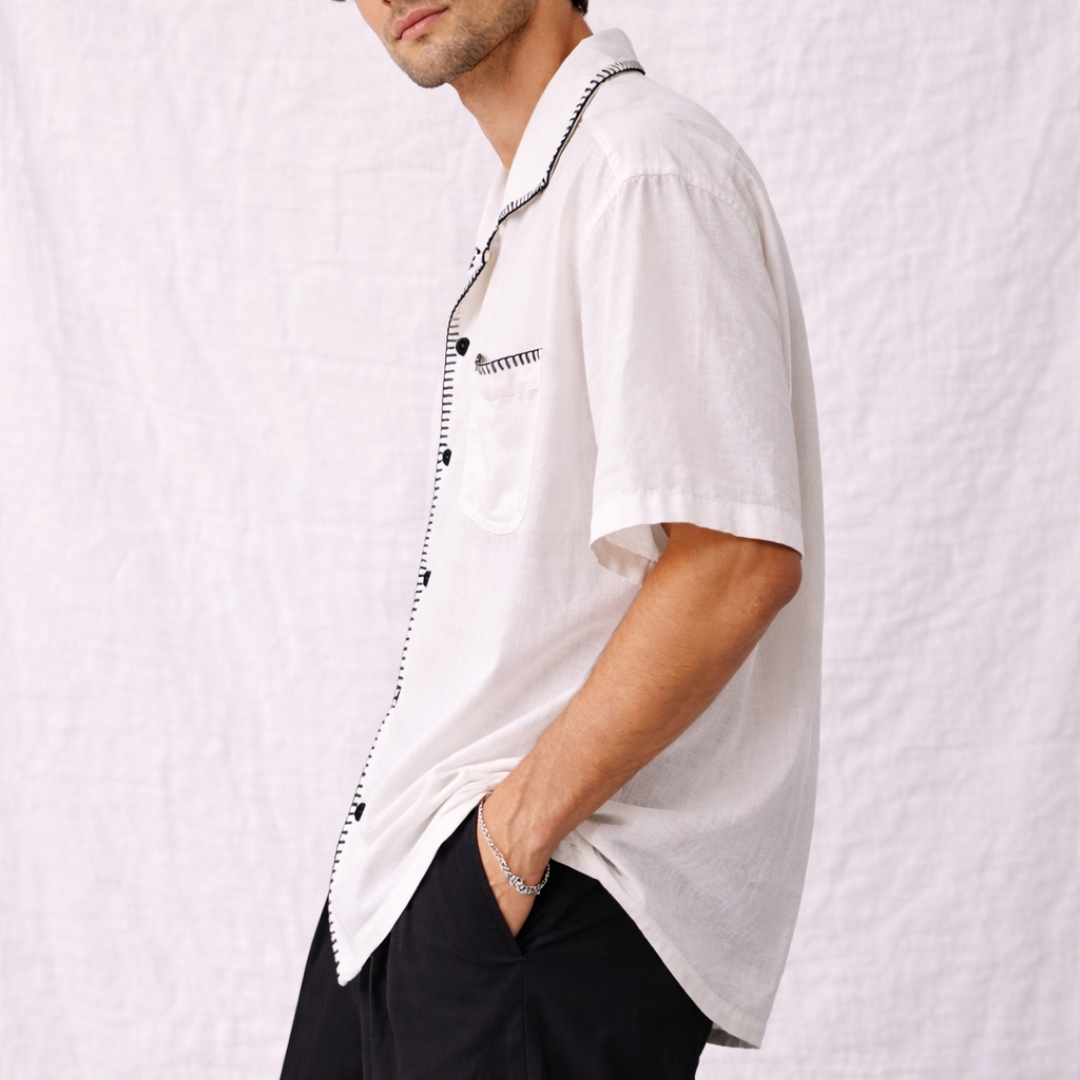 Man wearing oversized linen shirt art gallery style made in Sri Lanka (2) Crafted with soul in Sri Lanka. 🇱🇰 The Museo Heritage Shirt isn't just clothing; it's a feeling. Cut from pure linen in an oversized fit that lets the air—and the culture—flow freely. Available in sizes XS to 4XL.