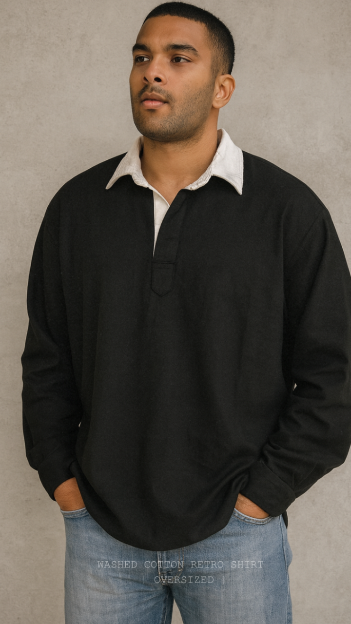 UPCOMING COLLECTIONS V4 Male and female models wearing black retro long-sleeve cotton shirts with white collars from the Lans upcoming collection