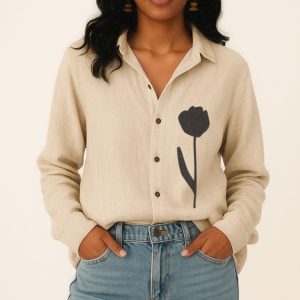 Lans Oversized Black Tulip  Handcrafted Applique Linen Woman's Shirt  (XS–4XL)