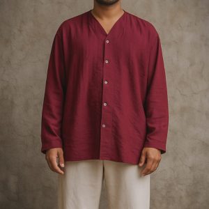 Lans  Oversized Minimalist Band Collar Granada Linen Shirt - Maroon (XS–4XL)