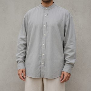 Lans Oversized Mandarin Washed Cotton Mandarin   Long Sleeve Button Down Shirt - ASH ( XS to 4XL )