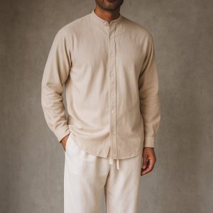 Lans Relaxed Mandarin Washed Cotton Mandarin   Long Sleeve Button Down Shirt - Beige ( XS to 4XL )