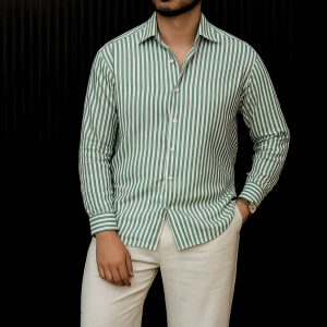 Lans Relaxed Marbella Stripe Point Coller Cropped Shirt - Green (XS to 4XL)