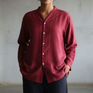 Lans  Oversized Minimalist Band Collar Granada Cotton Woman's Shirt - Maroon (XS–4XL)