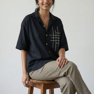 Lans  Oversized Silver Aara Cuban Woman's Cotton Shirt – Navy Blue (XS–4XL)