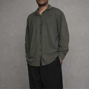 Dark Olive Cuban Collar Shirt oversized fit with long sleeves front view