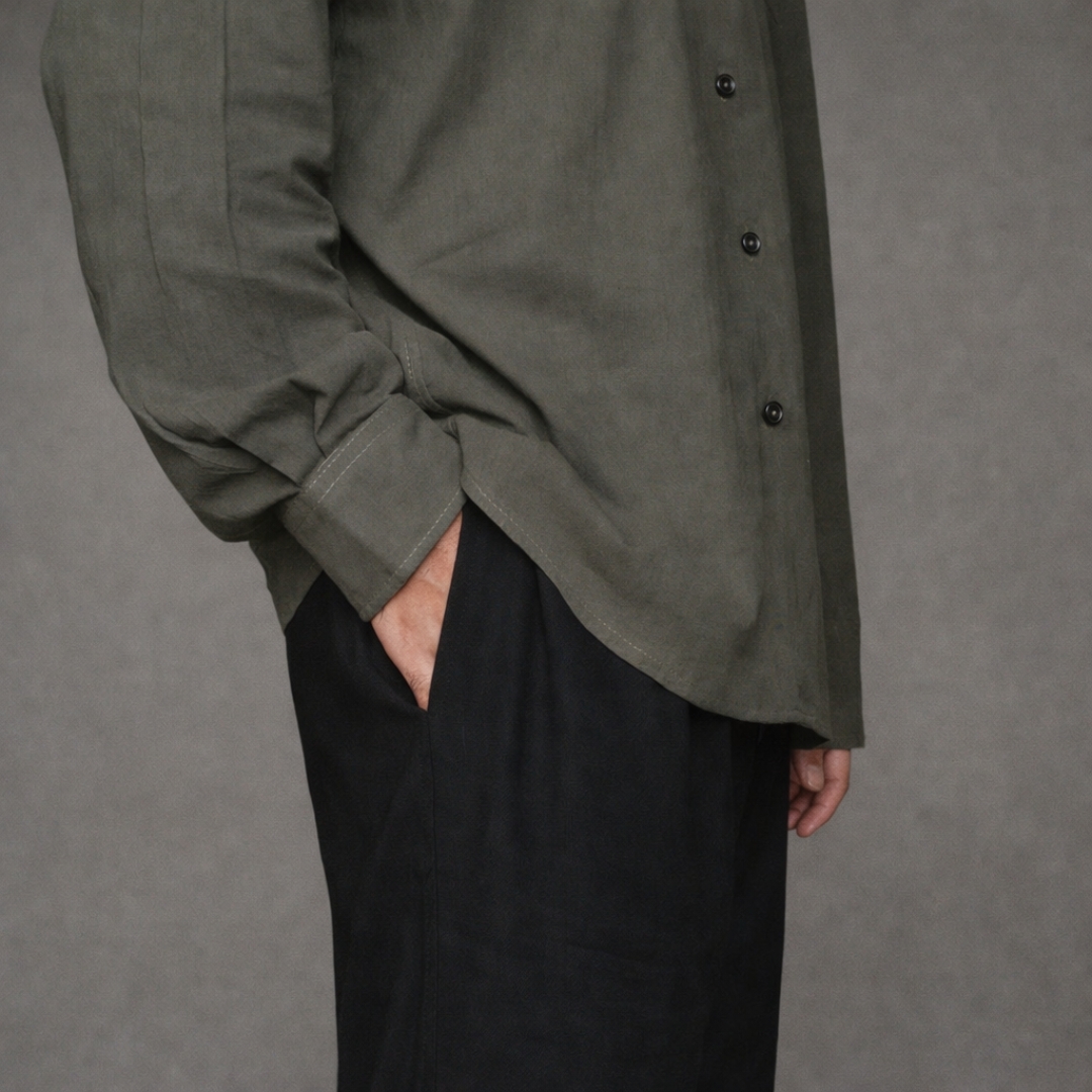 Lans Oversized Euphoria Dark Olive Cuban Collar Shirt Men's Shirt -4 Dark Olive Cuban Collar Shirt oversized fit with long sleeves front view