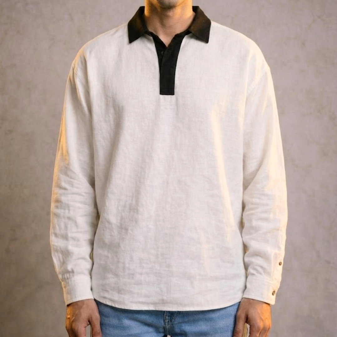 ans Oversized Retro Dual-Tone Cotton Blend Long Sleeve Shirt – Off White. Lans Oversized Retro Dual-Tone Shirt in Off White front view