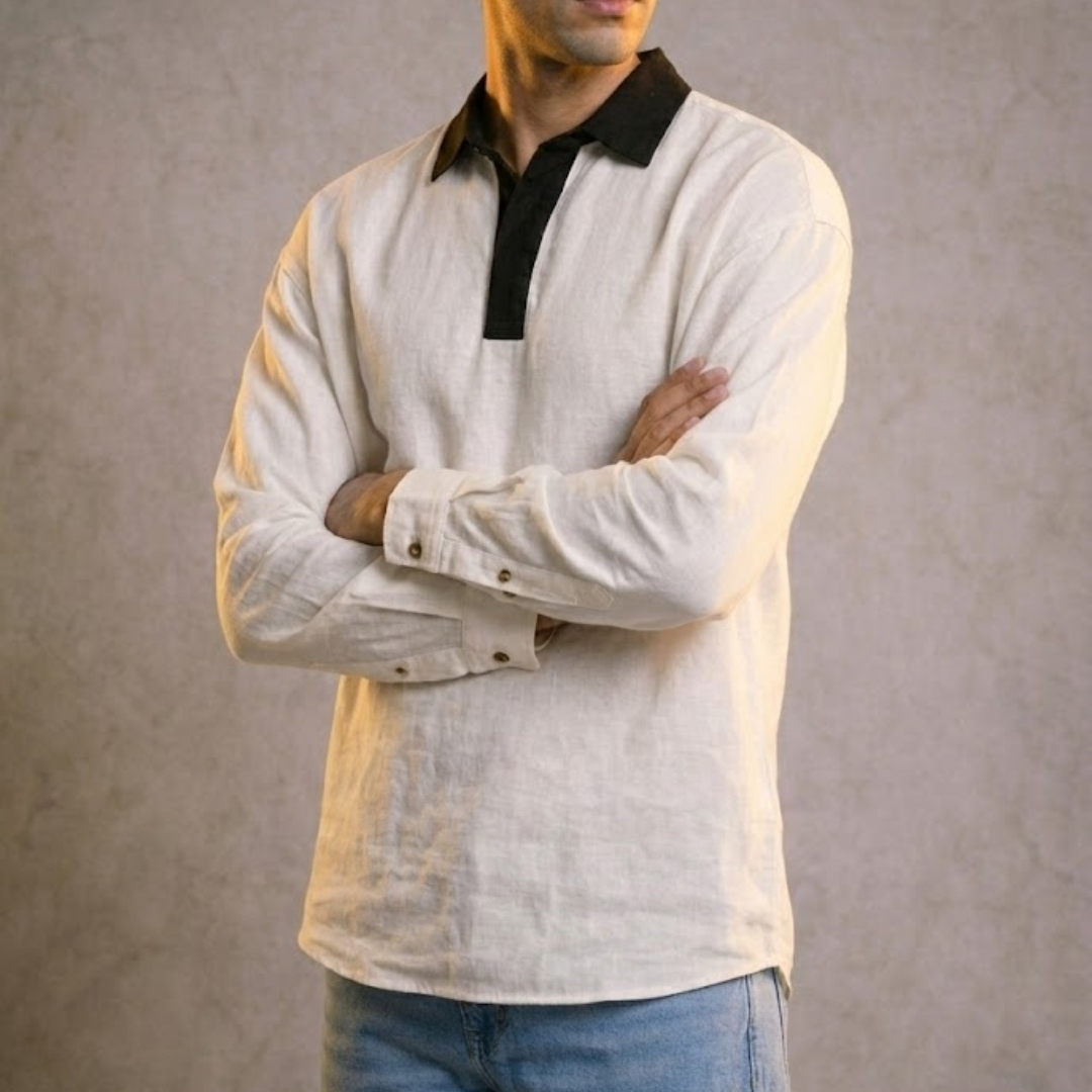 ans Oversized Retro Dual-Tone Cotton Blend Long Sleeve Shirt – Off White. Lans Oversized Retro Dual-Tone Shirt in Off White front view