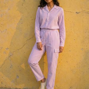 Breathable lightweight fabric texture of women's striped utility set