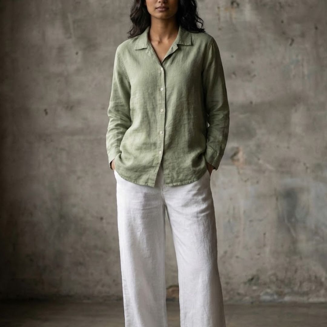 The Lans Cuban Collar Long Sleeve Shirt – Women’s Collection Woman wearing fluid oversized long sleeve shirt resort style made in Sri Lanka