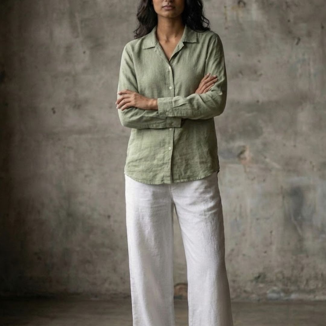 The Lans Cuban Collar Long Sleeve Shirt – Women’s Collection Woman wearing fluid oversized long sleeve shirt resort style made in Sri Lanka