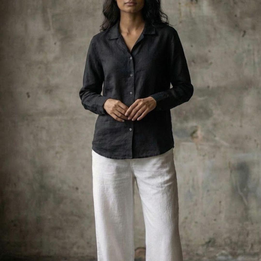 The Lans Cuban Collar Long Sleeve Shirt – Women’s Collection Woman wearing fluid oversized long sleeve shirt resort style made in Sri Lanka