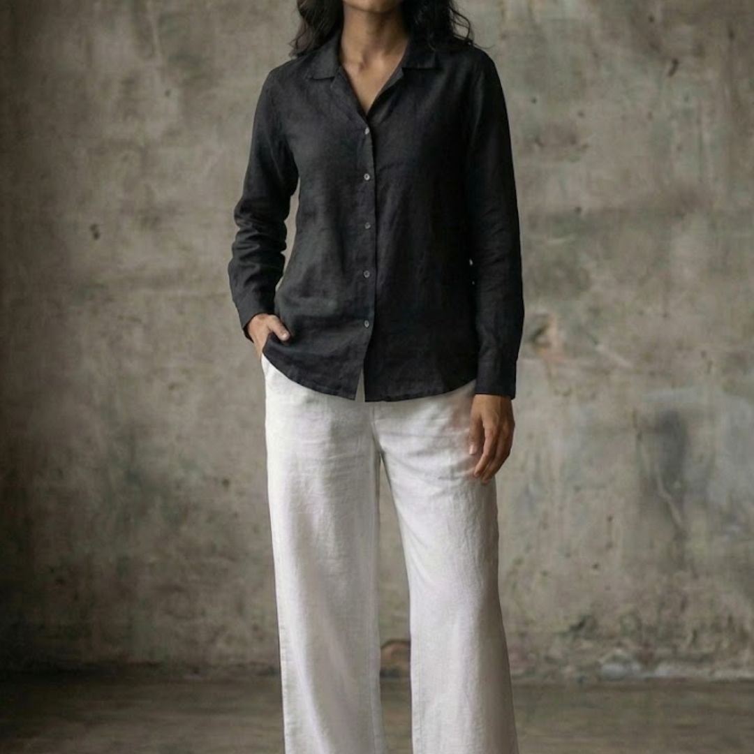 The Lans Cuban Collar Long Sleeve Shirt – Women’s Collection Woman wearing fluid oversized long sleeve shirt resort style made in Sri Lanka