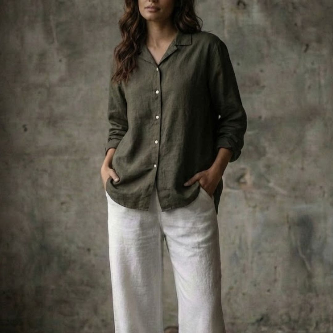 The Lans Cuban Collar Long Sleeve Shirt – Women’s Collection Woman wearing fluid oversized long sleeve shirt resort style made in Sri Lanka