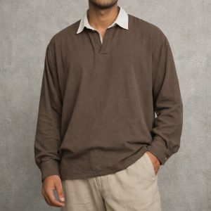 Lans Washed Linen Retro Shirt in Charcoal Olive front view oversized fit