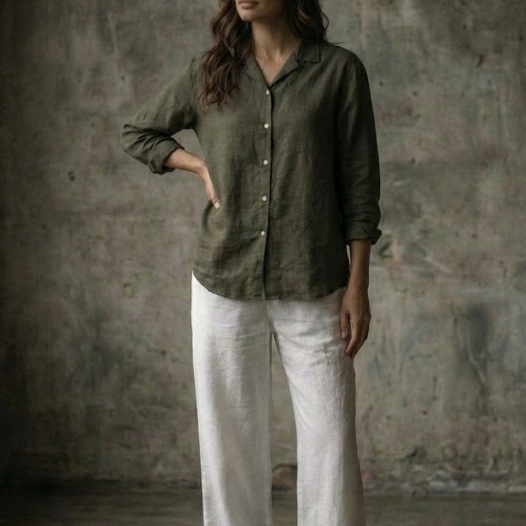 The Lans Cuban Collar Long Sleeve Shirt – Women’s Collection Woman wearing fluid oversized long sleeve shirt resort style made in Sri Lanka