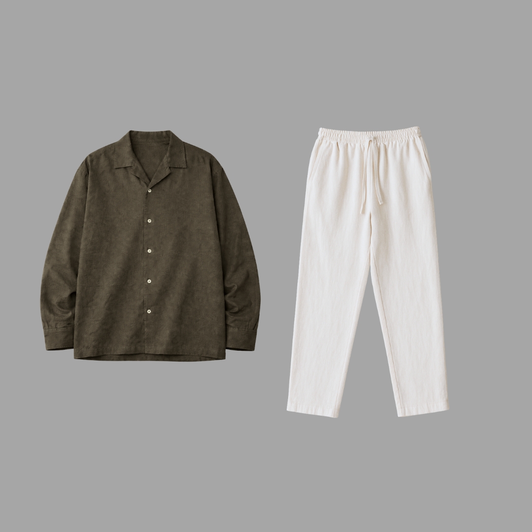 Lans Oversized Washed Cotton Camp Collar Long Sleeve Shirt & Long Pant Full Outfit Man wearing oversized washed cotton outfit resort style made in Sri Lanka