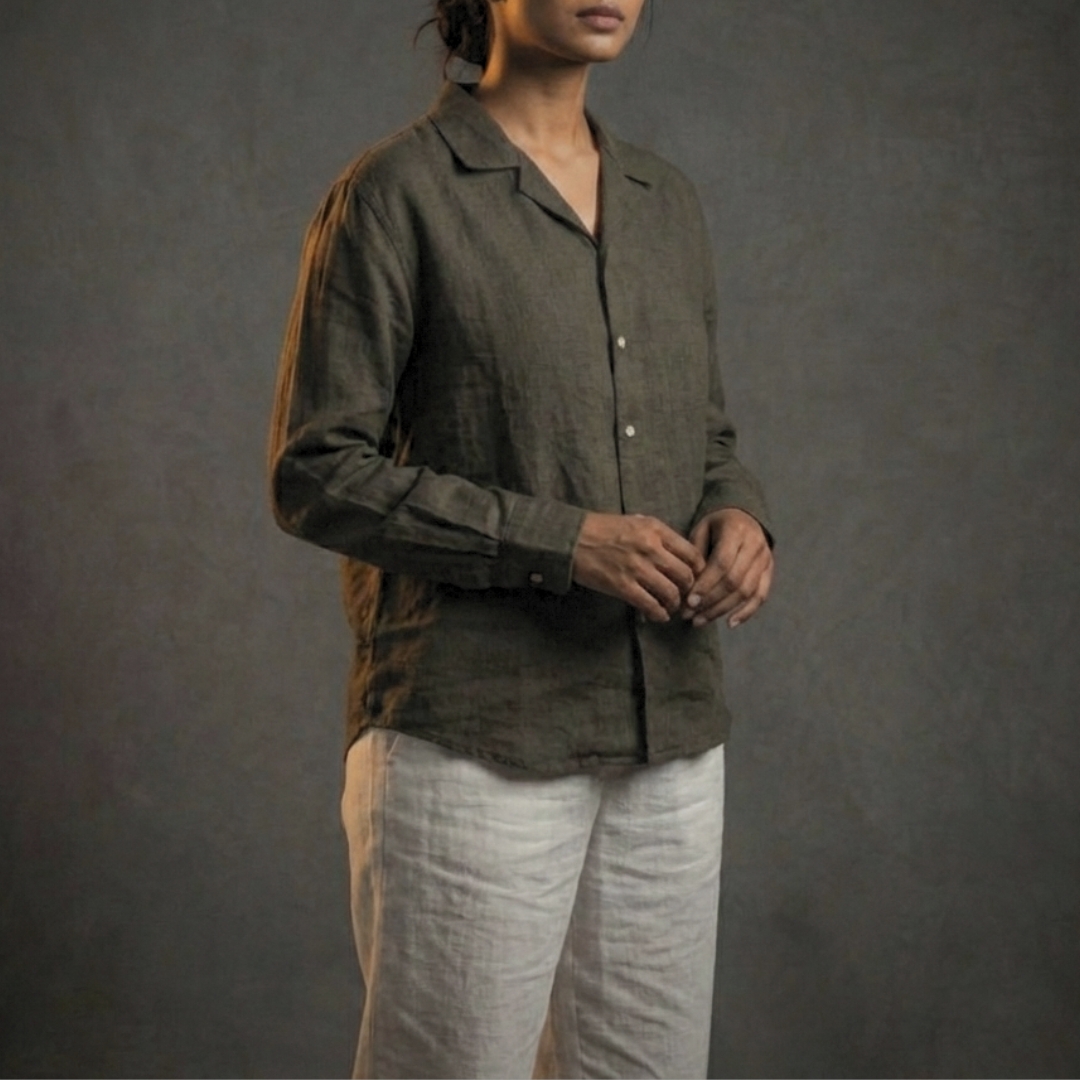 Lans Oversized Washed Cotton Camp Collar Long Sleeve Shirt & Long Pant Full Outfit Woman wearing oversized washed cotton outfit resort style made in Sri Lanka