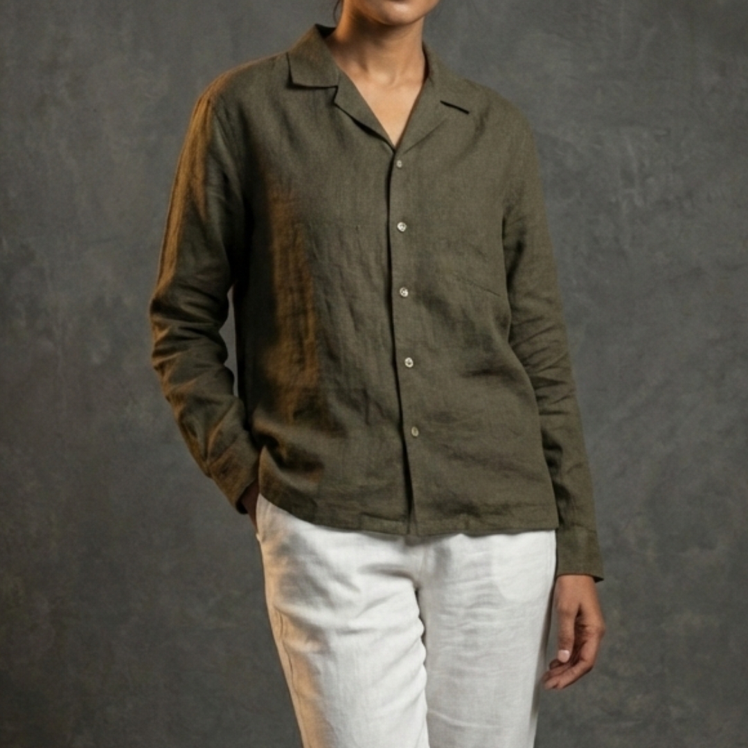 Lans Oversized Washed Cotton Camp Collar Long Sleeve Shirt & Long Pant Full Outfit Woman wearing oversized washed cotton outfit resort style made in Sri Lanka