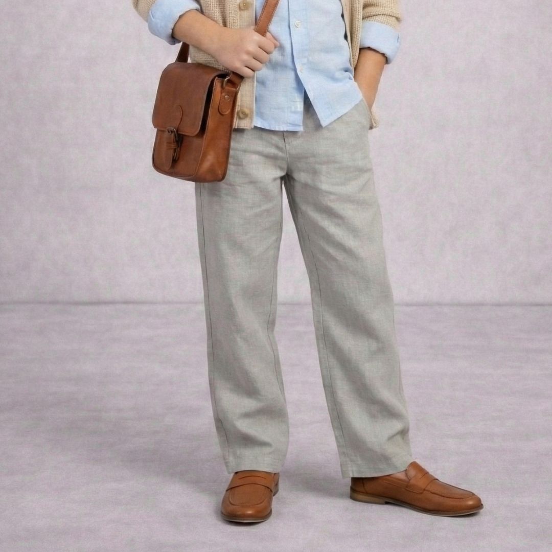 Lans Unisex Classic Cotton Kids Pants front view grey background Child running and playing in comfortable cotton pants made in Sri Lanka