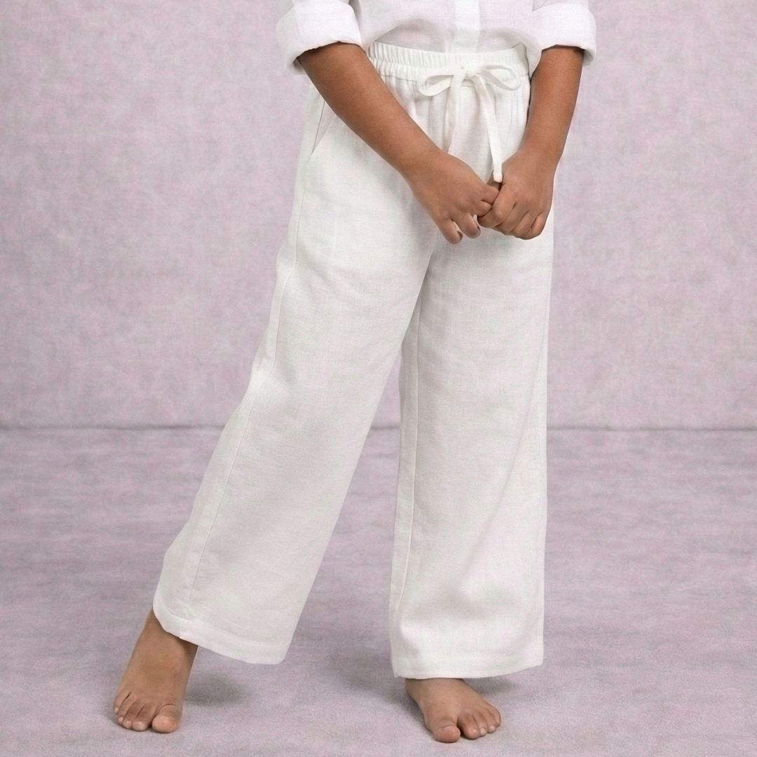 Lans Unisex Classic Cotton Kids Pants front view grey background Child running and playing in comfortable cotton pants made in Sri Lanka